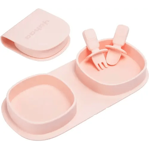Toddler Plates Travel Essential on the go,Baby Plates with Forks and Spoons Self Feeding 6 months,Foldable,Silicone,BPA Free,Blush
