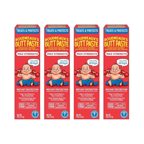 Boudreaux's Butt Paste Maximum Strength Diaper Rash Cream, Ointment for Baby, 4 oz Tube (Pack of 4)