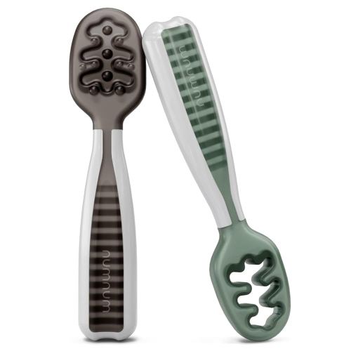 NumNum GOOtensil Pre-Spoons | Baby Spoon Set (Stage 1 + Stage 2) | BPA Free Silicone Self Feeding Toddler Utensils | for Kids Ages 6 Months+, 1-Pack, 2 Spoons, Storm Gray/Glacier Green