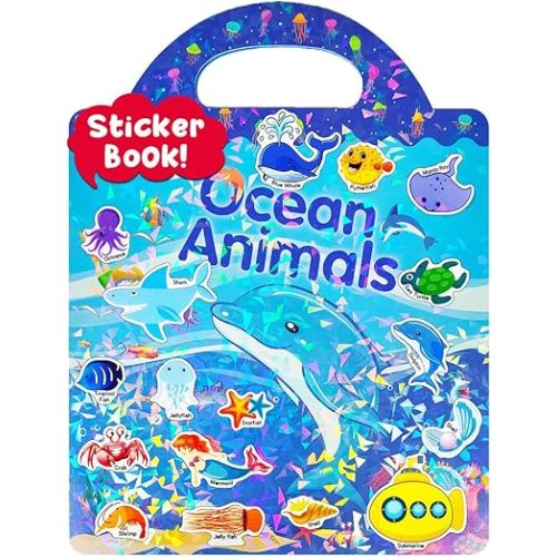 Reusable Sticker Book, Travel Stickers for Kids, Waterproof Sticker Books, Crafts Activities for Toddlers 3 4 5 Year Old, Ocean Animal