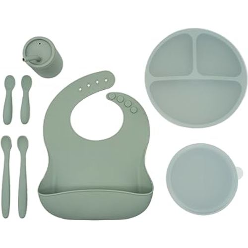 WeeSprout Baby Led Weaning Bundle, Silicone Suction Bowl, Spoons, Bib & Cup, Develops Self Feeding Skills, Dishwasher Safe (Green)