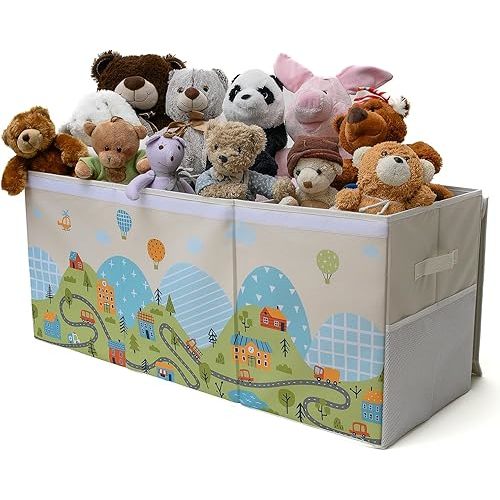 Extra Large Toy Storage Organizer with Lid - Sturdy, Collapsible Toy Chest Storage Box with Cute Design - Toys Bin with Dividers for Kids, Boys, Girls, Nursery, Bedroom, Play room 37"x16"x14"