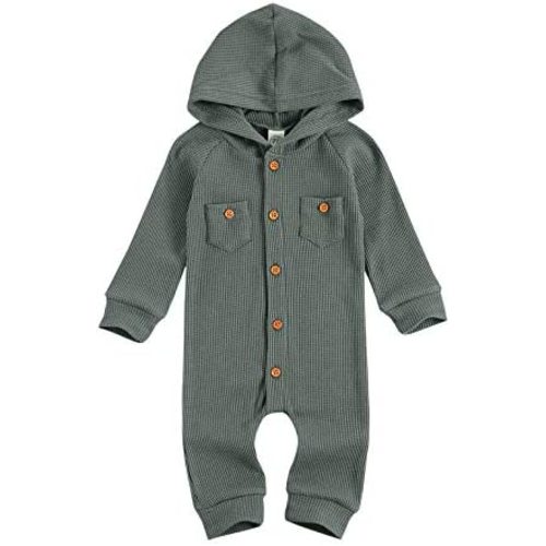 Ynibbim Winter Newborn Baby Boy Girl Solid Romper Unisex Infants Hooded Outfit Clothes Waffle Cotton Button Jumpsuits