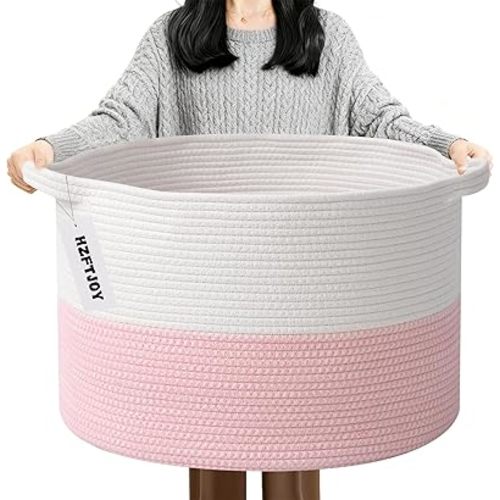 90L Extra Large Pink Woven Cotton Rope Basket with Handles