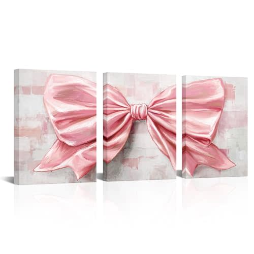 HOMEOART Bow Painting Canvas Print Bow Picture Bathroom Decor Bedroom Wall Decor 12x16inchx3Pieces Framed (Pink)