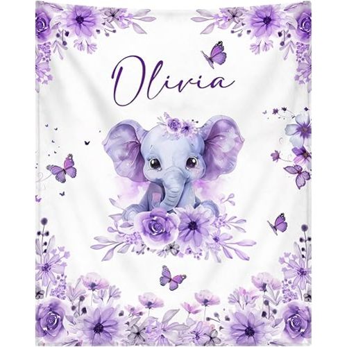 Personalized Baby Blanket for Girls Custom Baby Blanket with Name for Kids Custom Elephants Blanket for Infant Toddler Soft Newborn Bed Throw Personalized Baby Gift for Birthday Baby Shower Christmas