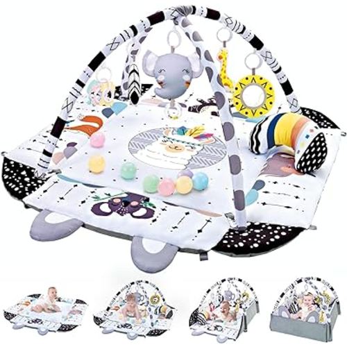 Baby Gym Play Mat, 8-in-1 Tummy Time Mat & Activity Gym, Washable Ball Pit, Infant Play Mat with Detachable Toys for Sensory Exploration and Motor Skill Development, Gifts for Baby