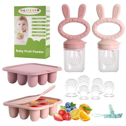 Baby Breastmilk Popsicle Molds & Baby Fruit Feeder (4 Pack), Infant Food Freezer Tray Storage Containers, Silicone Teething Pacifier Feeder and Teether for Babies（Pink&Purple）