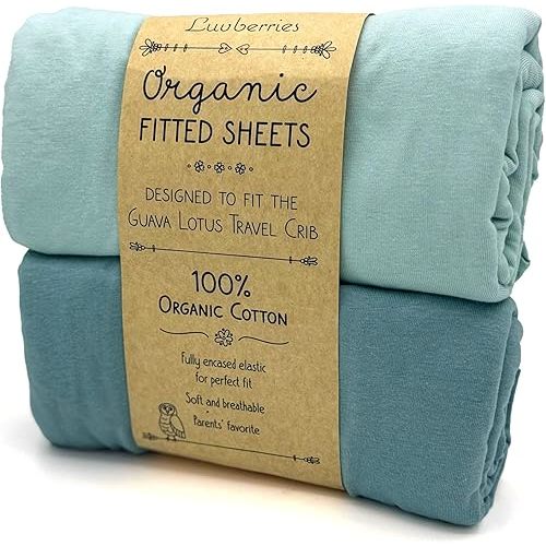 Guava Lotus Travel Crib Sheets (Set of 2) - 100% Organic Cotton Crib Sheets, Baby and Toddler, Fitted Crib Sheets, for Boys & Girls (for The New 4 TAB Mattress ONLY) (Blue Tones)