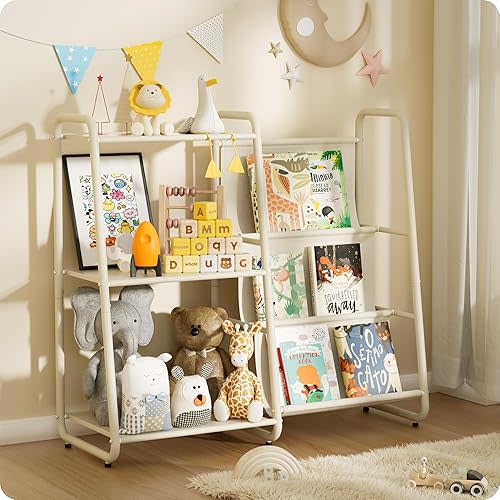 Book Shelf for Kids Rooms, 3 Tier Kids Bookshelf and Organizer, Montessori Toddler Book Shelf, for Bedroom, Playroom, Nursery (White)