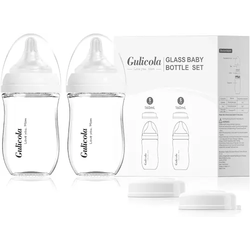 Natural Glass Baby Bottle for Breastfeeding Babies, Newborn Anti-Colic Bottle Set with Slow Flow Nipple, 0-3 Months, 5 oz, 2 Pack - White