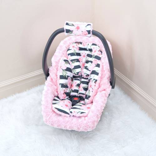 Pink Floral on Stripes Baby Girl Car Seat Insert Cushions - Head and Body Rest - Car Seat Straps Cushions - Infant Car Seat Acessories