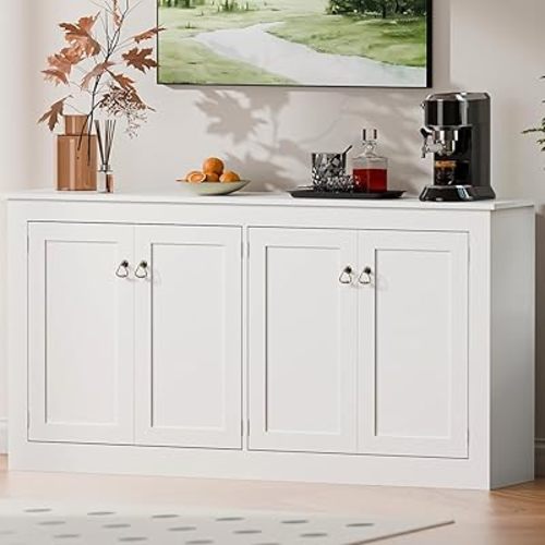 Cozy Castle Buffet Cabinet with Storage - Kitchen Storage Cabinet Wood Console Table Coffee Bar Accent Cabinets for Living Room Dining Room Entryway White 57.5" W