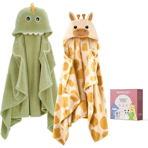 Momcozy Baby Bath Towels with Visualize Health Label - Ultra Soft & Absorbent Coral Fleece Hooded Towels for Newborn, Infant, Toddler (0-36 Months) Bath Essentials (Large Size,2 Pack)