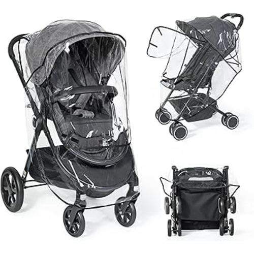 Universal Clear Stroller Rain Cover, No-zip Waterproof Stroller Cover - Food Grade EVA, Baby Travel Weather Shield, Breathable Rain Cover for Most Single Strollers, Joggers Accessories for Rain, Black