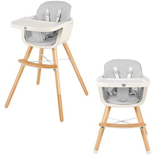 BABY JOY Convertible Baby High Chair, 3 in 1 Wooden Highchair/Booster/Chair with Removable Tray, Adjustable Legs, 5-Point Harness, PU Cushion and Footrest for Baby, Infants, Toddlers (Gray)