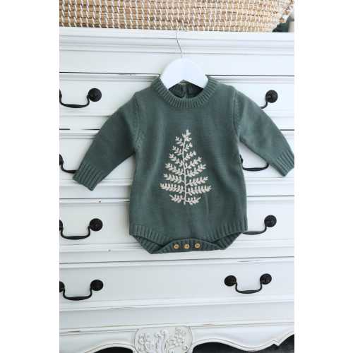 Warm Baby knit romper with Fern embroidery, boho baby outfit, soft knit clothes, Nature embroidered dungarees, Green embroidered romper