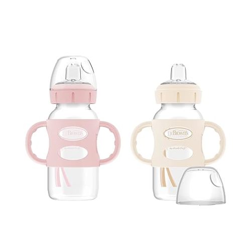 Dr. Brown's Milestones Wide-Neck Sippy Spout Bottle with 100% Silicone Handles, Easy-Grip Handles with Soft Sippy Spout, 9oz/270mL, Light-Pink & Ecru, 2-Pack, 6m+
