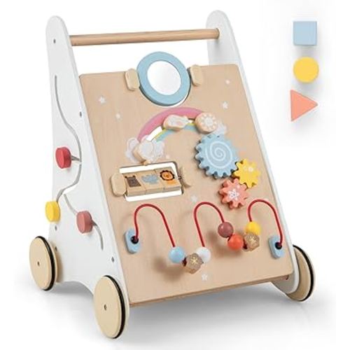 BABY JOY Wooden Baby Walker, Push and Pull Sit-to-Stand Learning Walker Activity Center, Toddler Montessori Educational Toy, Develops Motor Skills & Stimulates Creativity, Push Walker for Boys Girls