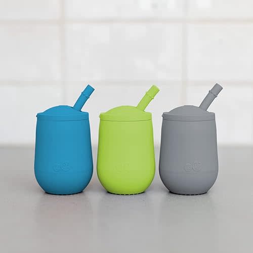 ezpz Mini Cup + Straw Training System 3-Pack (Blue, Lime & Gray) - 100% Silicone Training Cup for Infants + Toddlers - Designed by a Pediatric Feeding Specialist - 12 Months+