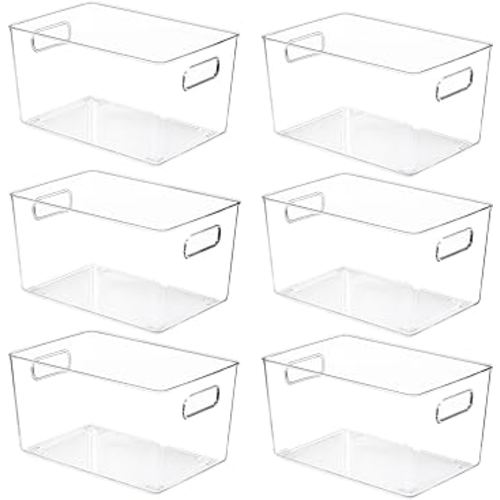 YIHONG 6 Pack Clear Pantry Organizer Bins, Plastic Containers with Handle for Kitchen,Freezer,Cabinet,Closet,Bathroom Under Sink Storage