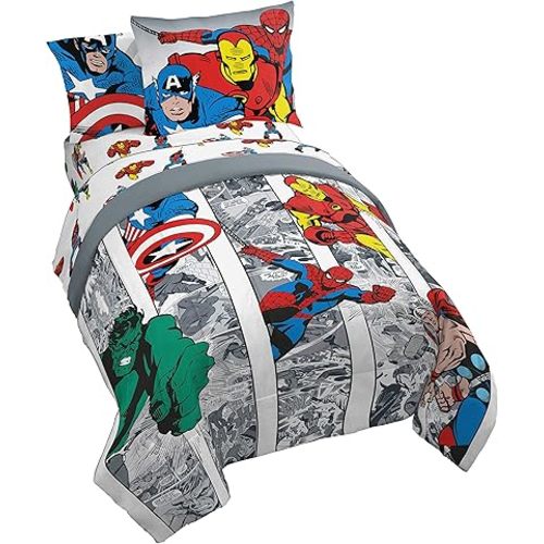 Jay Franco Marvel Avengers Comic Cool 5 Piece Twin Bed Set - Includes Comforter & Sheet Set - Bedding Features Captain America, Spiderman, Iron Man, Hulk, & Thor - Super Soft
