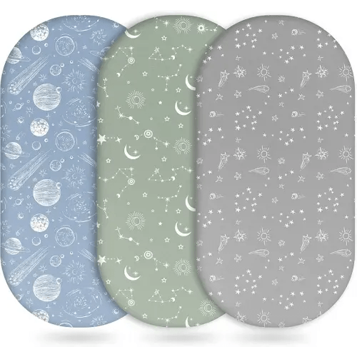 Baby Bassinet Sheets Girl Boy, Fitted Bassinet Sheet Set 3 Pack Bassinet Mattress Sheets Universal Fit for Rectangle, Round, Oval, Hourglass Mattress, Soft Breathable Green Gray Constellation