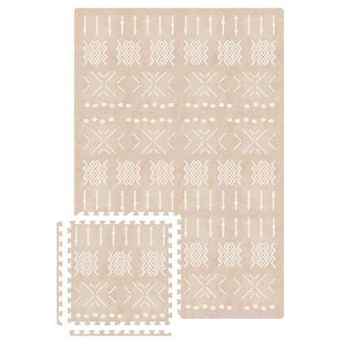 MOON WALKERS Stylish Boho Baby Play Mats For Floor, (4x6ft) Play Mat for Babies and Toddlers, Non-Toxic, Soft, Thick, Tummy Time Mat For Crawling (Standard 6 Tiles, Beige Aztec)