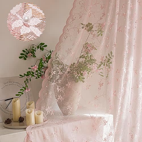 Pink Lace Curtains - Sheer Lace Panels with Scalloped Edges & Pearl Decor Floral Design for Living Room, Bedroom & Nursery, Vintage Sparkle Curtains, 52 x 72 Inch Length Long, Set of 2 Panel
