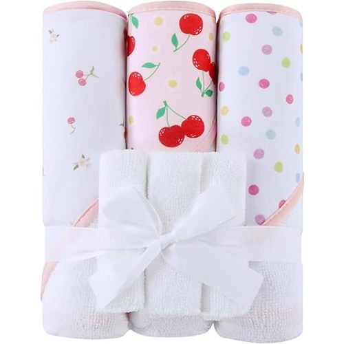 Viviland 6 Pcs Hooded Baby Towels and Washcloths Set, Super Gentle Bath Towels for Newborn Face & Body, Absorbent Wash Cloth for Infants Girls, Pink-Cherry Pattern, 28 x 28 inch