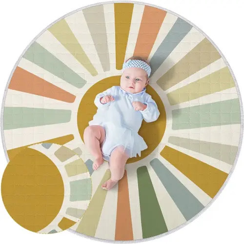 Baby Play Mat Non Slip 40 x 40'' Large Baby Activity Mat Round Baby Tummy Time Mat Washable Foldable Floor Pads for Babies Crawling Mat for Infant Nursery Room Indoor Outdoor (Boho)