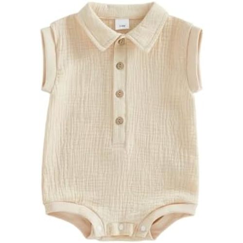 Honganda Newborn Baby Boy Cotton Linen Romper Short Sleeve Lapel Collar Button Down Jumpsuit Summer Solid One Piece Outfit