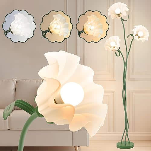 Flower Floor Lamp,Vintage 3 Heads Floral Lamps,3 Color Modes LED Standing Light,Flexible Gooseneck Reading Tall Lamp for Living Room Bedroom Office Home Decoration