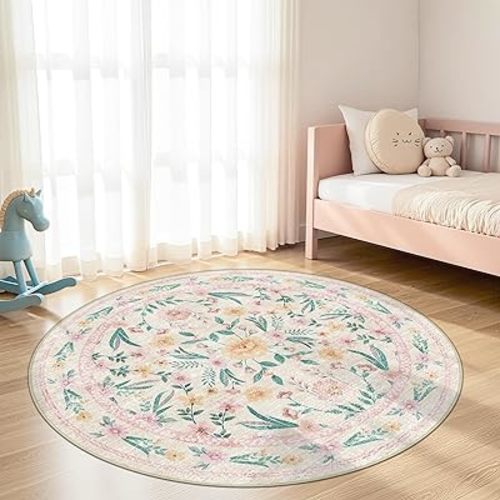 Pink Floral Round Rug 5ft, Washable Boho Circle Area Rug for Girls Bedroom, Soft Non-Slip Botanical Carpet for Nursery, Kids Room, or Living Room