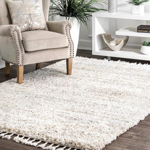 nuLOOM Brooke Shag Tasseled Area Rug - 7x9 Shag Area Rug Casual Ivory Rugs for Living Room Bedroom Dining Room Nursery