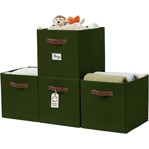 DECOMOMO Storage Baskets, 13x15x13 Storage Cube Bins with Labels for Organizing Shelves Kallax (Kallax / 4pcs, Olive Green)