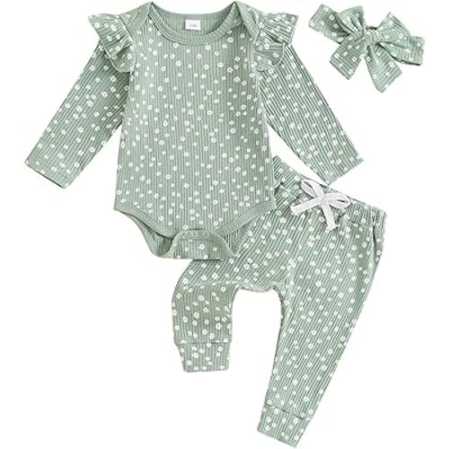 Mandizy Baby Girl Clothes Ribbed Ruffle Long Sleeve Romper Pant Set Newborn Infant Fall Winter Floral Print 3Pcs Outifts