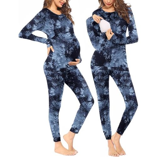 Ekouaer Nursing Pajama Set Long Sleeve Maternity Sleepwear Labor Delivery Pjs Breastfeeding Thermal Underwear Clothes - Black Tie Dye - X-Large