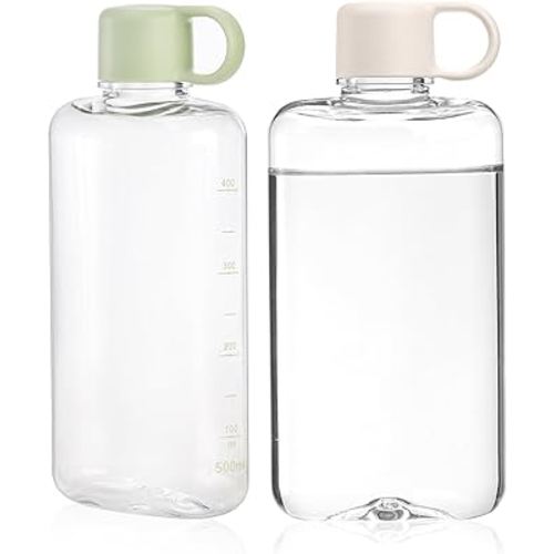 ZEAYEA 2 Pack Portable Flat Water Bottle, 17 oz BPA Free Tritan Slim Water Bottle, Plastic Travel Water Bottle for Outdoor Sports, Camping, Fitness, Fits Purse Bag Pocket