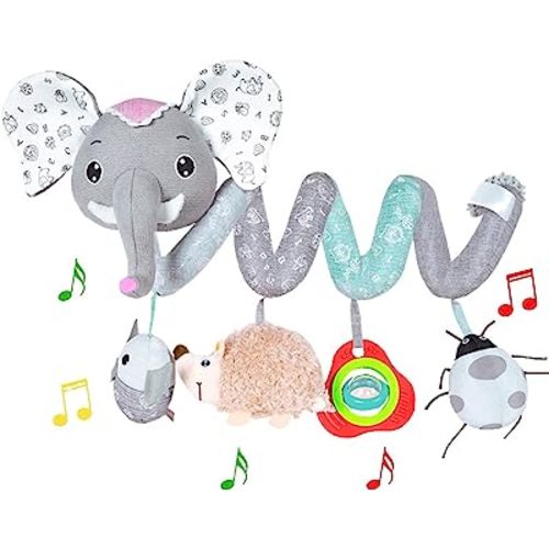 Car Seat Toys, Baby Activity Spiral Hanging Toys for Stroller Car Seat Crib Bar Bassinet Mobile, Musical Elephant Toys for Newborn Infant Boys Girls 0 3 6 12 Months