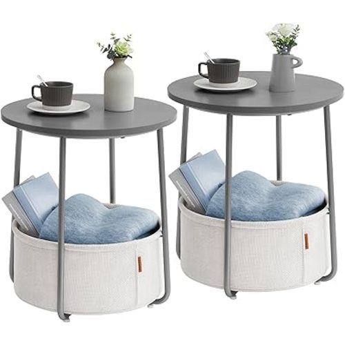 VASAGLE Nightstands, Set of 2 Bedside Tables with Fabric Basket, Small Round Side Tables, End Tables, for Bedroom, Cement Gray and Cream White ULCT667G01