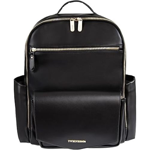 TWELVElittle Peek A Boo Backpack Diaper bag with Stroller Clips, Wipes Pouch and Changing Pad, in Vegan Leather (Black, One Size)