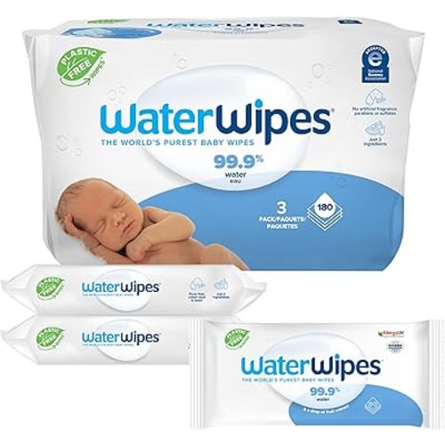 WaterWipes Plastic-Free Original Baby Wipes, 99.9% Water Based Wipes, Unscented & Hypoallergenic for Sensitive Skin, 180 Count (3 packs), Packaging May Vary