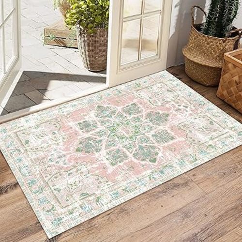 Vhong Boho Area Rugs Vintage Washable Neutral Modern Dusty Pink and Green 2x3 Non Slip Small Carpet for Hallway Bathroom Entryway Girls' Room
