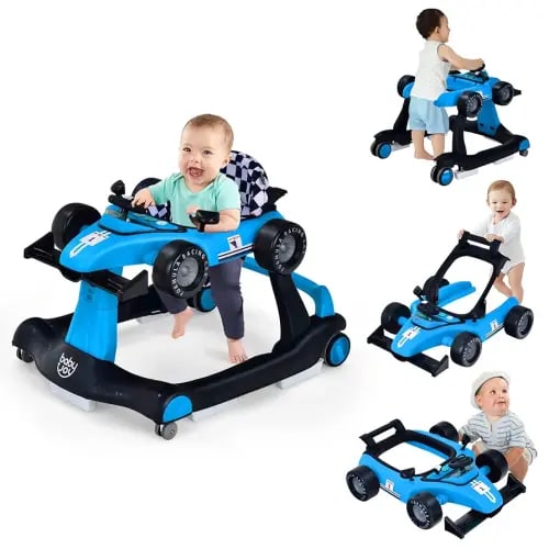 BABY JOY 4-in-1 Baby Walker, Foldable Activity Walker with Adjustable Height & Speed, Music, Lights, Anti-Rollover, Toddler Push Walker, Baby Walker with Wheels for Boys Girls 6-18 Months (Blue)