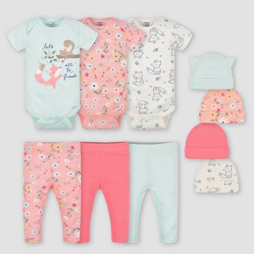 Gerber Baby Girls' 10pk Fox Top and Bottom Set with Cap - White/Orange/Light Blue