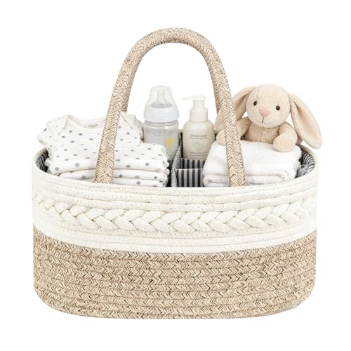 Diaper Caddy Organizer, Cotton Rope Baby Basket for Nursery and Changing Table, Portable Diaper Caddy with Removable Divider for Newborn Parents, Home and Car Travel, White and Brown