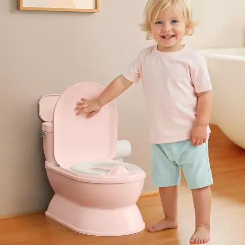 2-in-1 Toddler Potty Training Toilet - Larger Potty Chair & Detachable Training Seat for Boys & Girls Ages 1-3 with Flushing Sound, Wipes Storage, Toilet Paper Holder