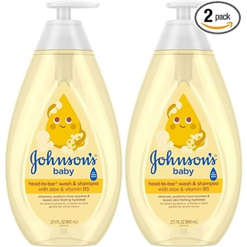 Johnson's Baby Head-To-Toe Baby Wash&Shampoo + Aloe&Vitamin B5, 2-in-1 Bath Wash Gently Cleanses Newborn's Delicate Skin&Hair,Hypoallergenic,No Added Parabens,Dyes-&Sulfates, 27.1 fl. Oz (Pack of 2)