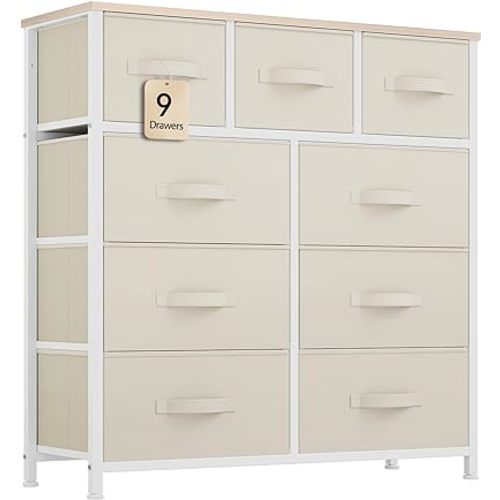 YITAHOME Dresser with 9 Drawers - Fabric Storage Tower, Tall Chest Organizer Unit for Living Room, Entryway with Sturdy Steel Frame, Wooden Top, Cream